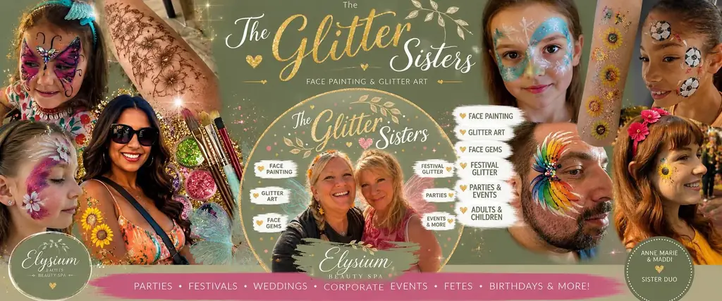 The Glitter Sisters face painting and glitter art event banner