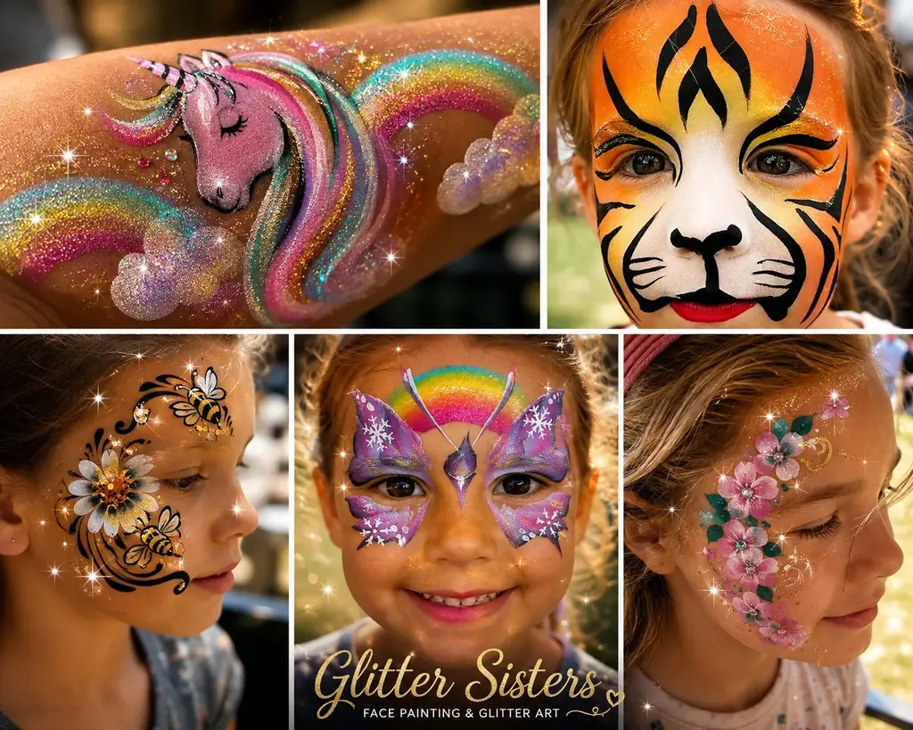 Colourful face painting and glitter art, including butterflies, a tiger and flowers