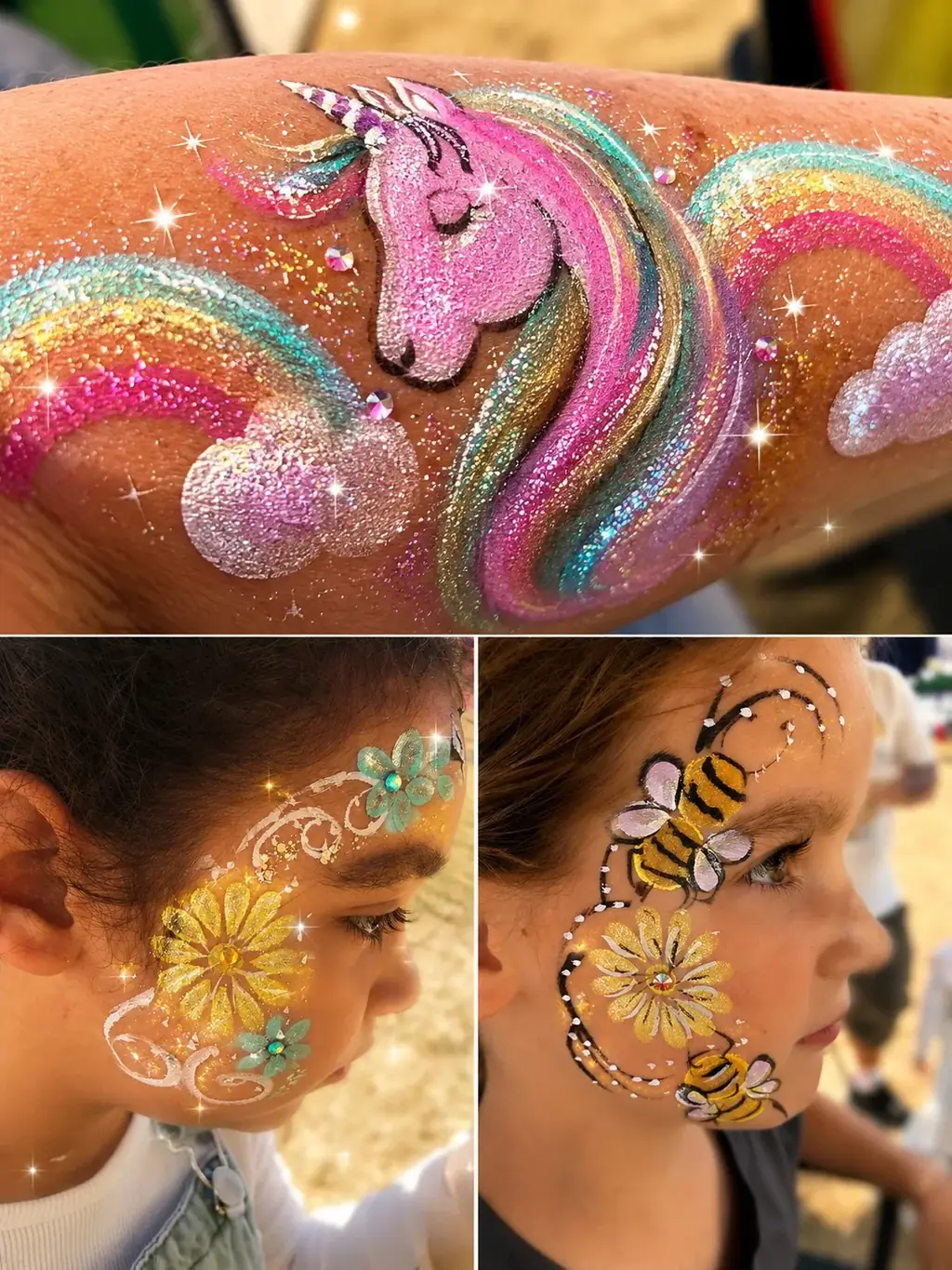 Unicorn glitter art and bright floral and bee face painting designs